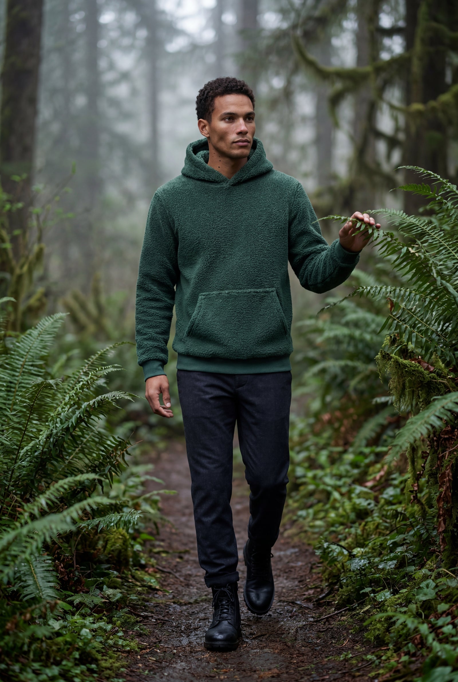 Dark Green Plush Relaxed Fit Hoodie with Kangaroo Pocket - Photo 10