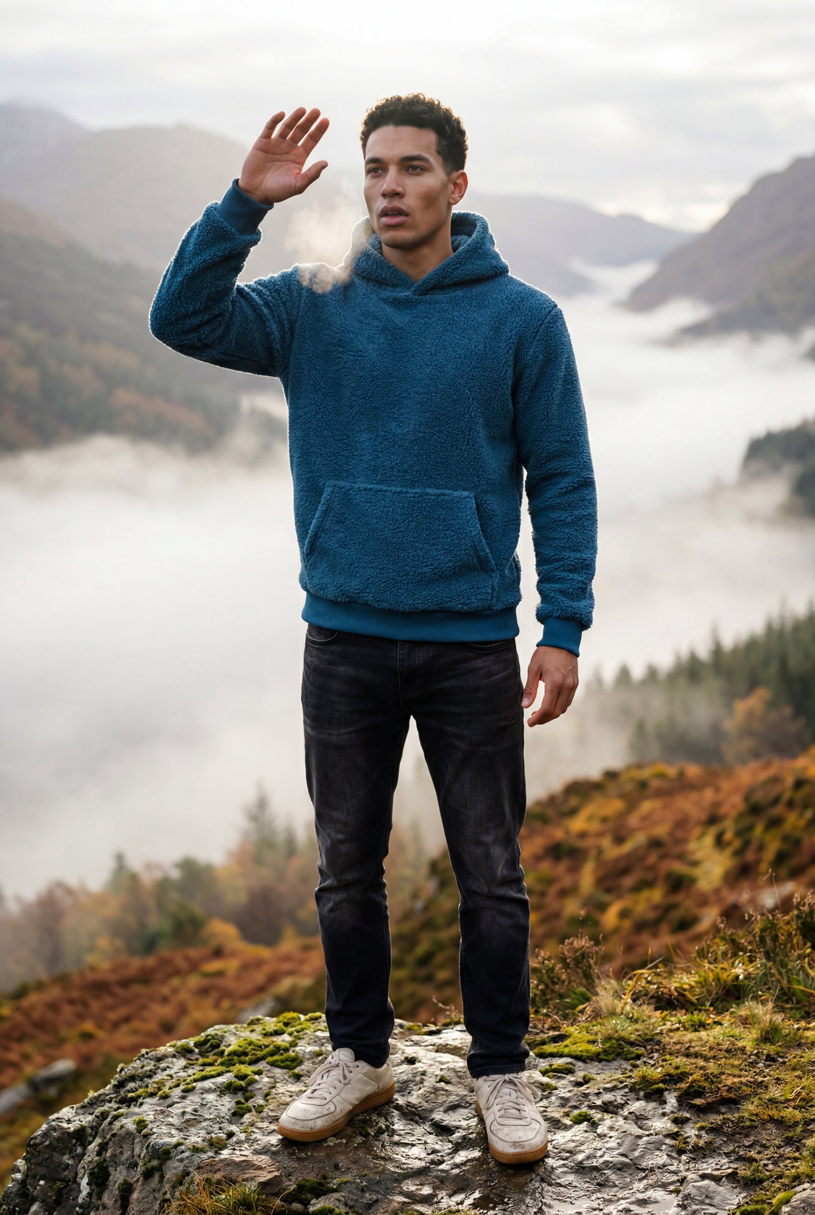 Blue Plush Relaxed Fit Hoodie with Kangaroo Pocket - Photo 13