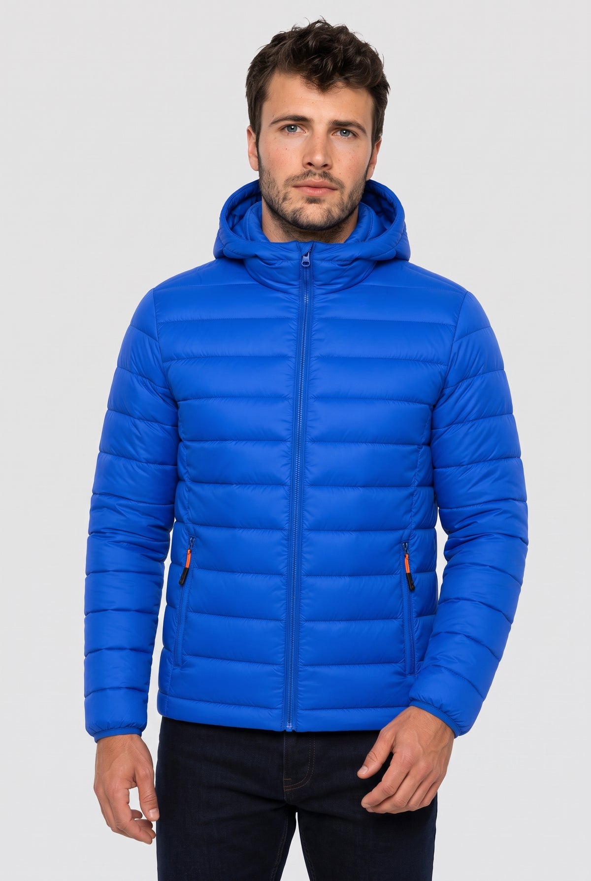 Polyester Hooded Puffer Jacket in Blue — studio front