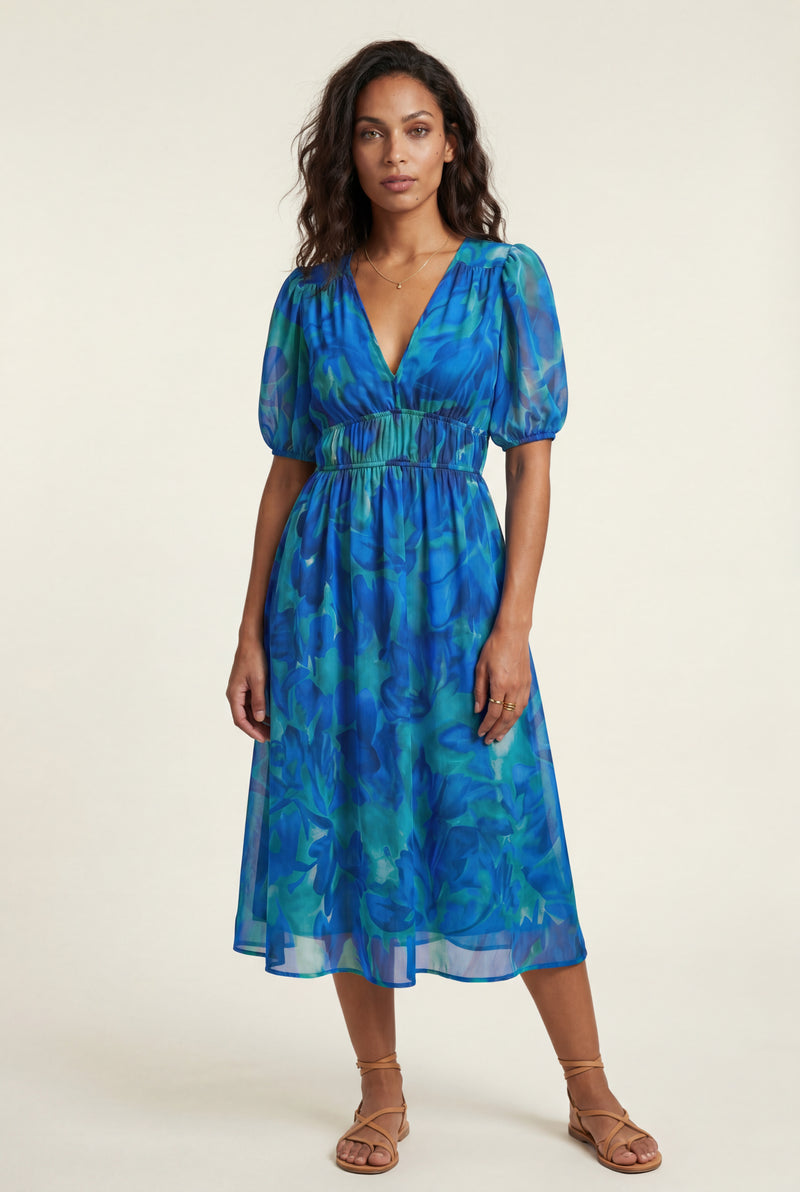 Blue Puff Sleeve V-neck Midi Dress with Elastic Waist - Dresses - Photo 1
