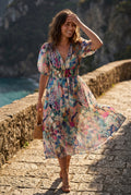Multicolor Puff Sleeve V-neck Midi Dress with Elastic Waist - Dresses - Photo 11