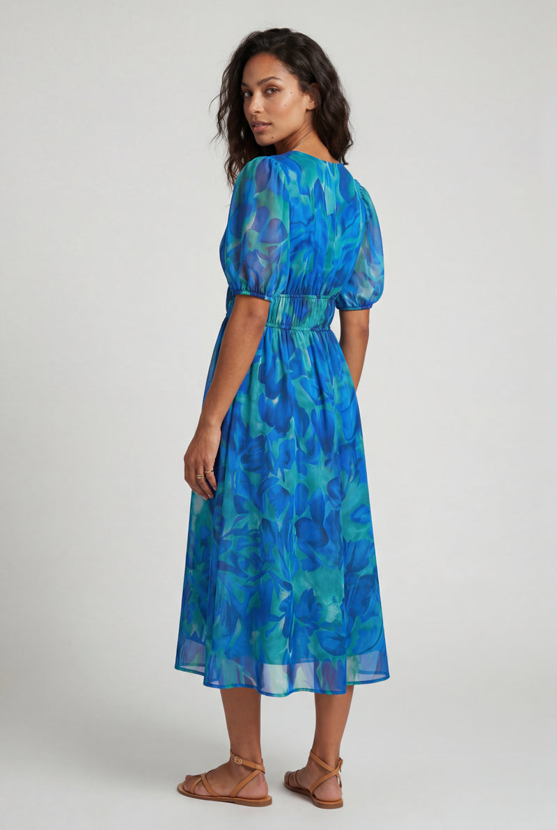 Blue Puff Sleeve V-neck Midi Dress with Elastic Waist - Dresses - Photo 3