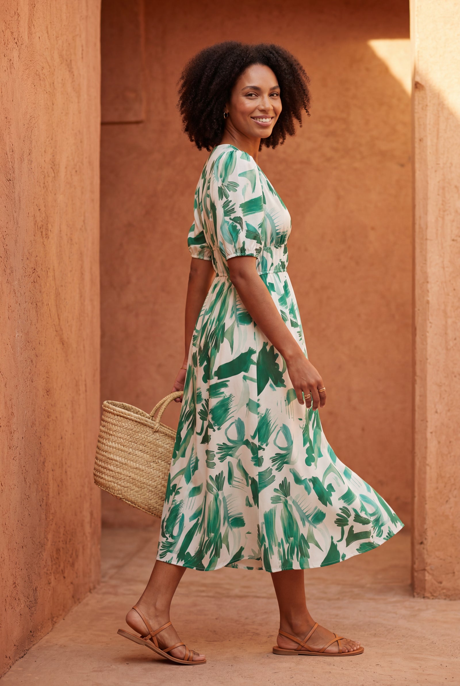 Light Green Puff Sleeve V-neck Midi Dress with Elastic Waist - Dresses - Photo 6