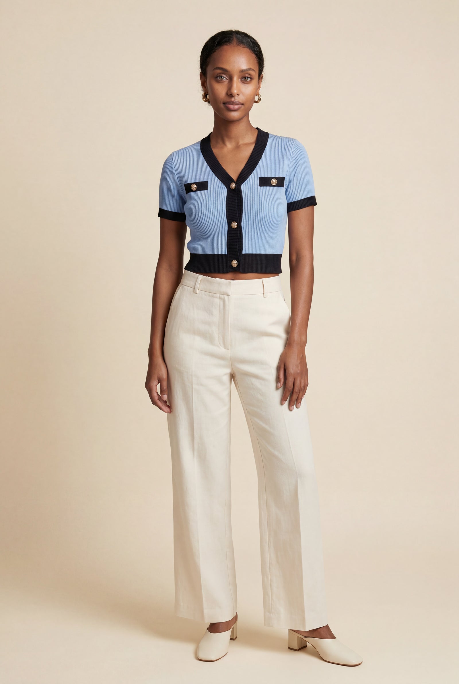 Blue Ribbed Contrast-trim Cropped Cardigan Top - Cropped tops - Photo 5