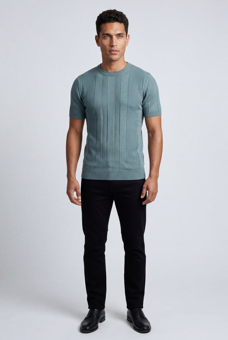 Blue Ribbed Crew Neck Short Sleeve Sweater T-shirt - Short sleeve t-shirt - Photo 1