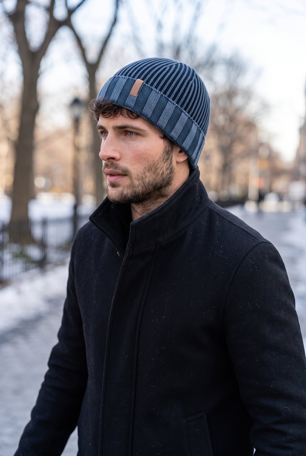 Ribbed Knit Beanie in Blue — lifestyle