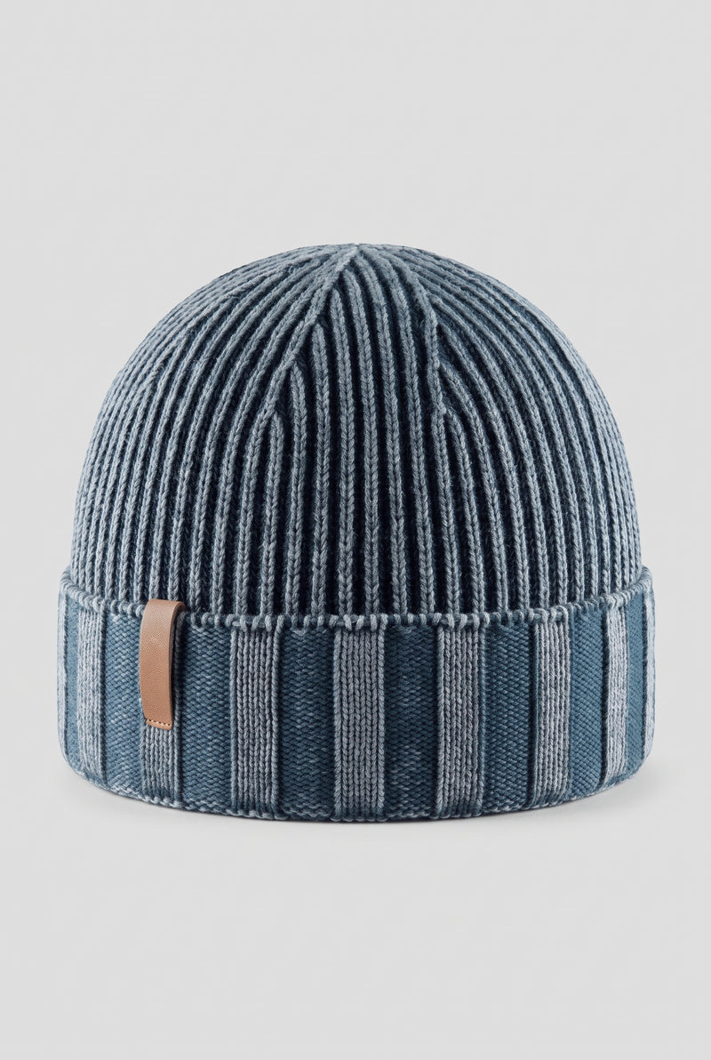 Ribbed Knit Beanie in Blue — studio front