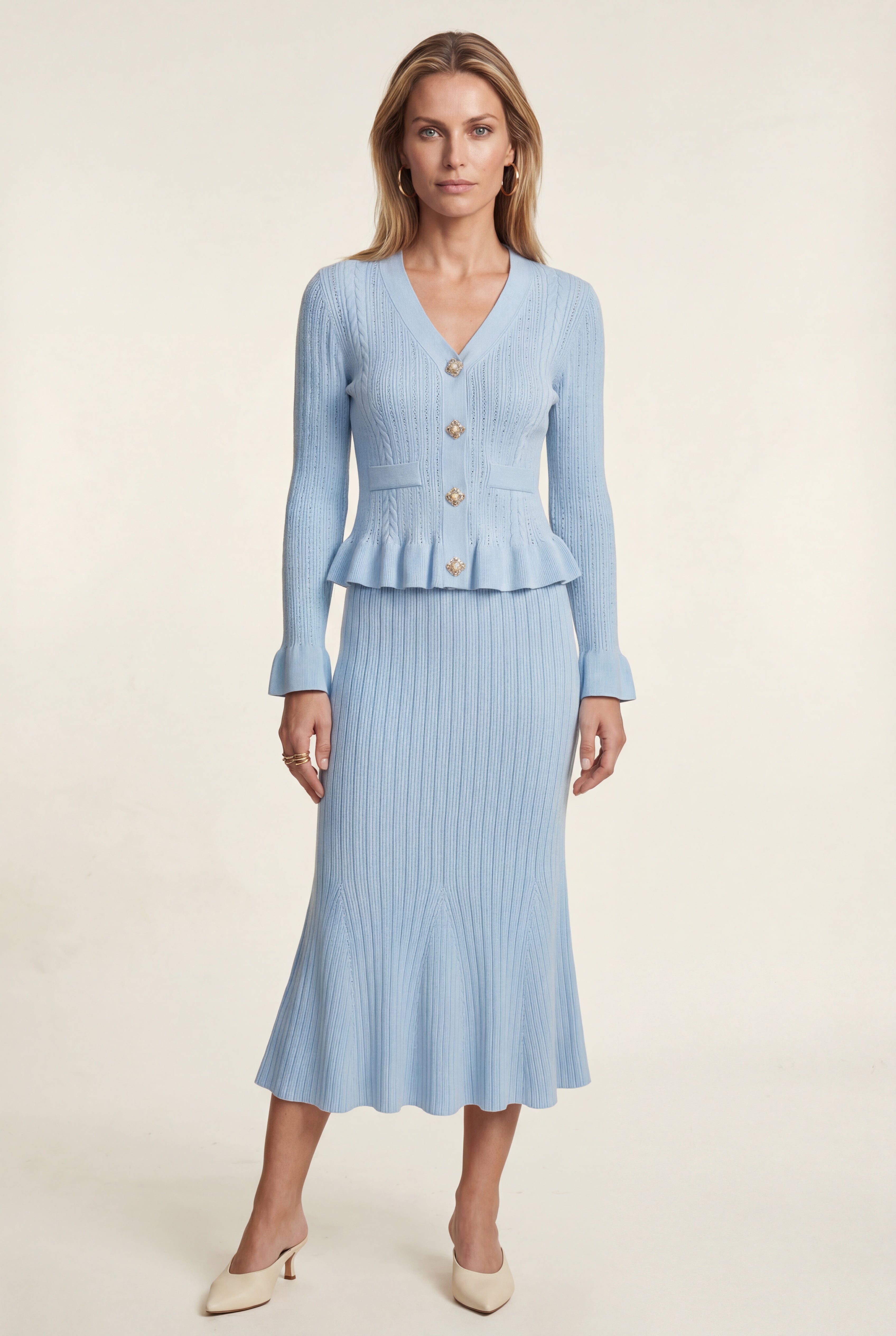 Smart Casual Attires with Ribbed Peplum Cardigan and Fluted Midi