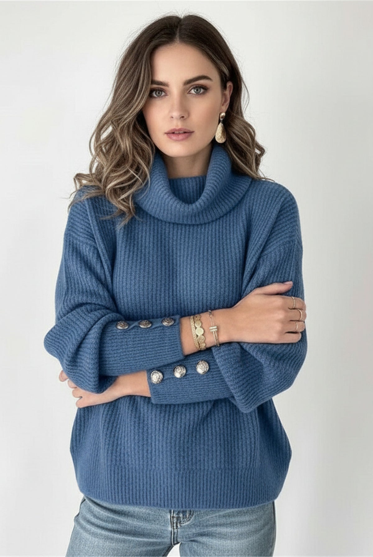 Ribbed Roll-Neck Sweater in Blue — front view