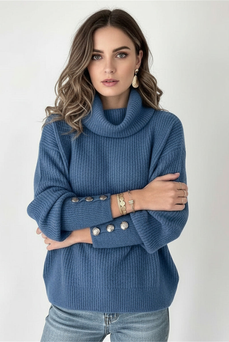 Ribbed Roll-Neck Sweater in Blue — front view