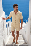 Beige Ribbed Short Sleeve Shirt and Shorts Set - Two-piece outfit - Photo 3