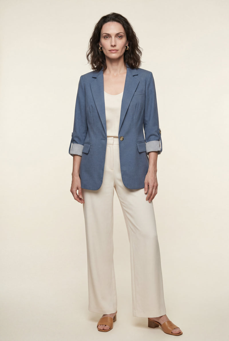 Blue Roll-tab Sleeve Single-breasted Relaxed Blazer - Blazers - Photo 1