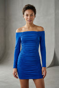 Blue Ruched Off-shoulder Bodycon Mini Dress with Long Sleeves - Bodycon dress - Photo 8