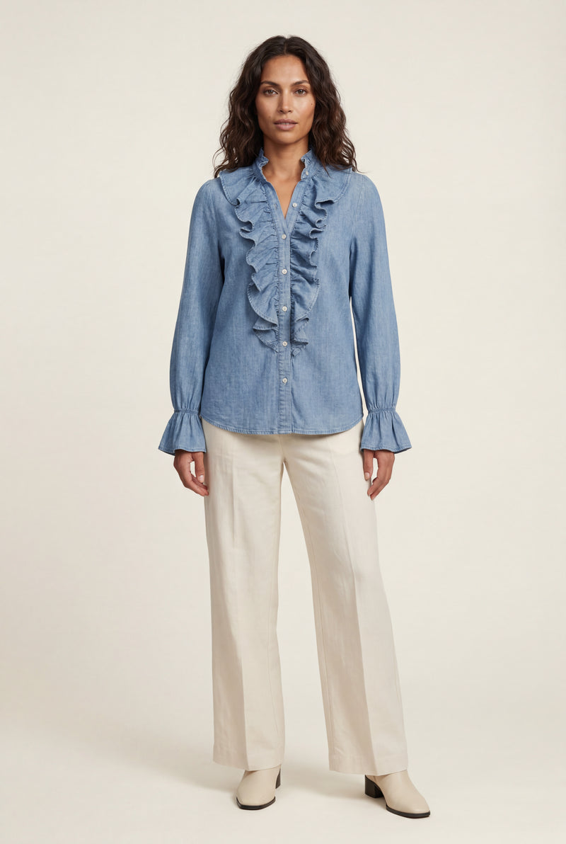 Blue Ruffled Pleated Blouse with Fluted Cuffs - Blouses - Photo 4