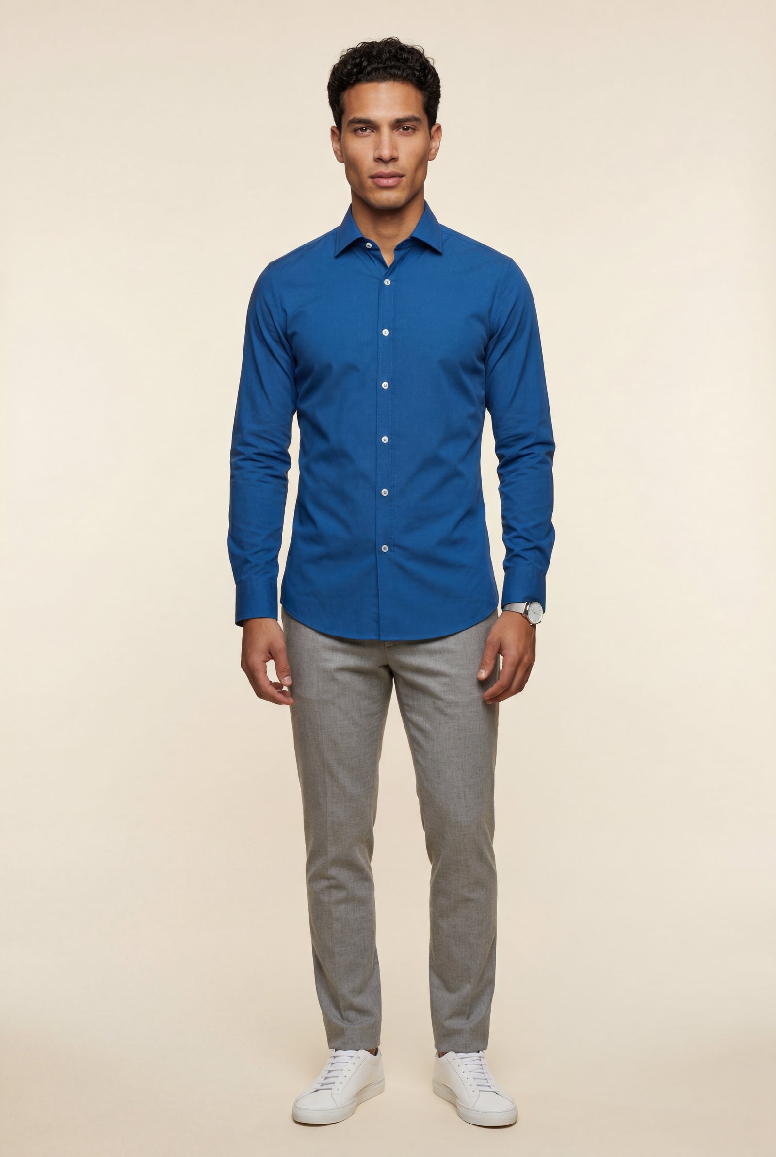 Blue Slim Fit Textured Dress Shirt with Spread Collar - Dress Shirts - Photo 5
