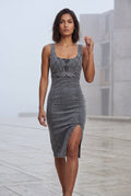 Gray Square Neck Front Slit Midi Tank Dress - Midi Dresses - Photo 3