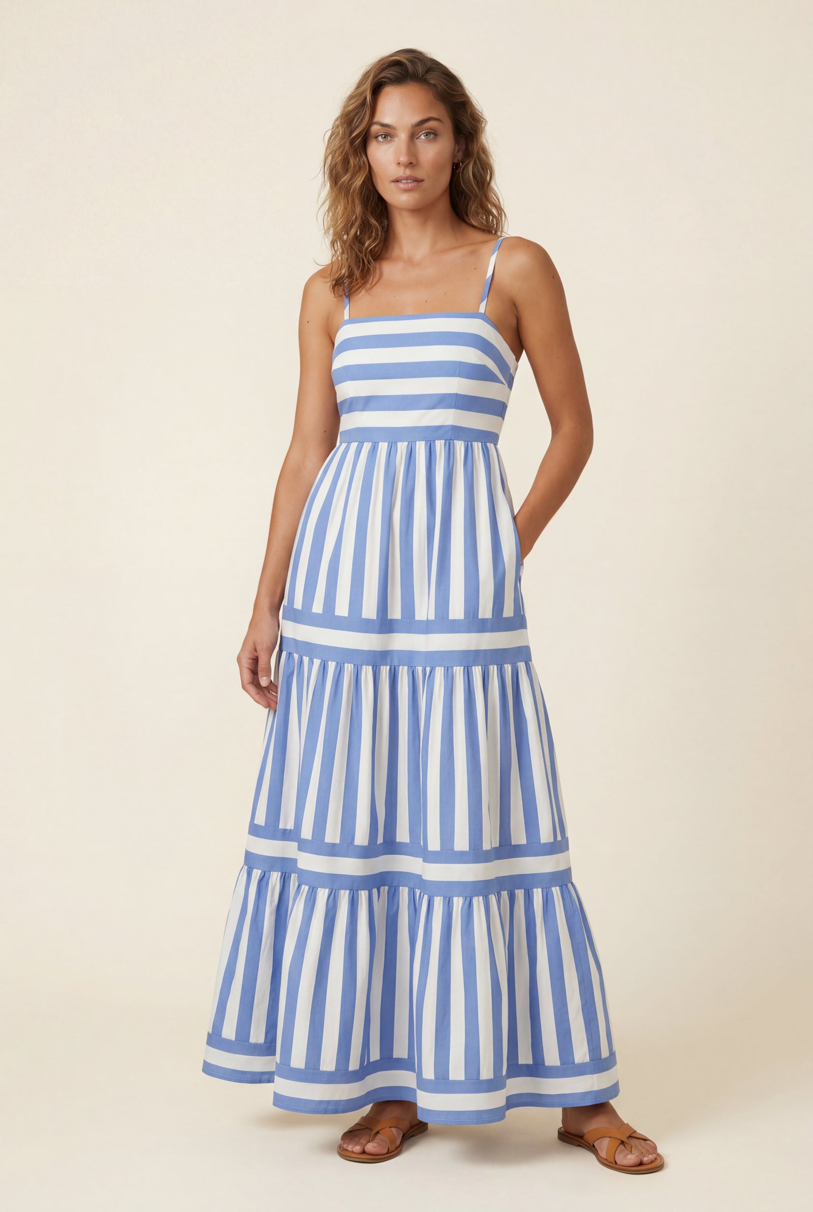 Blue Striped Tiered Maxi Dress with Spaghetti Straps - Photo 5