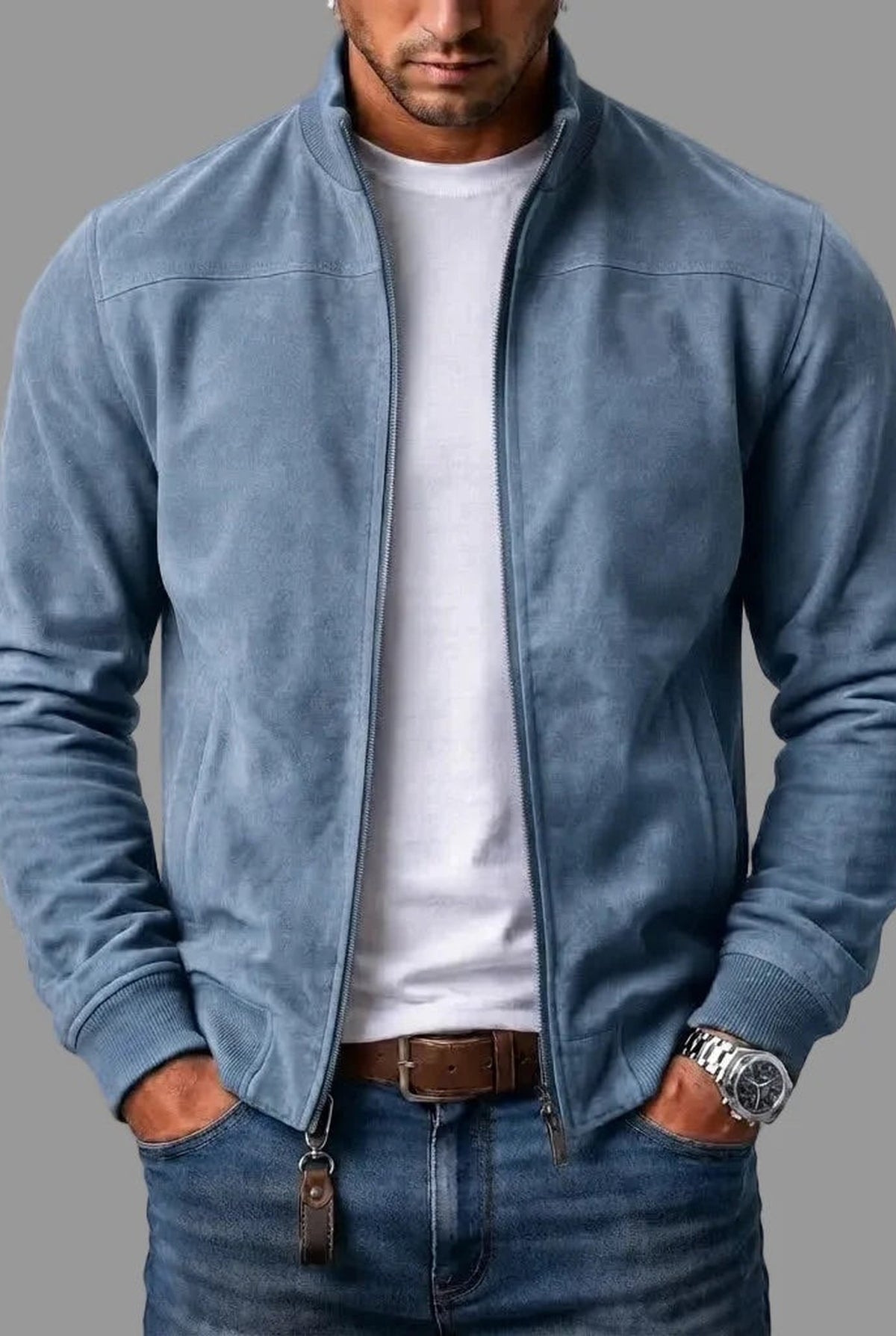 Suede Bomber Jacket in Blue — front view