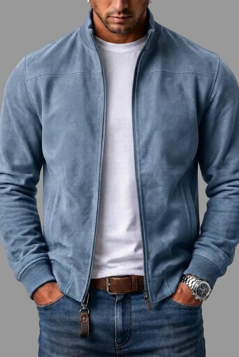 Suede Bomber Jacket in Blue — front view