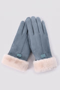 Suede-Like Gloves with Faux Fur Cuffs in Blue — studio front