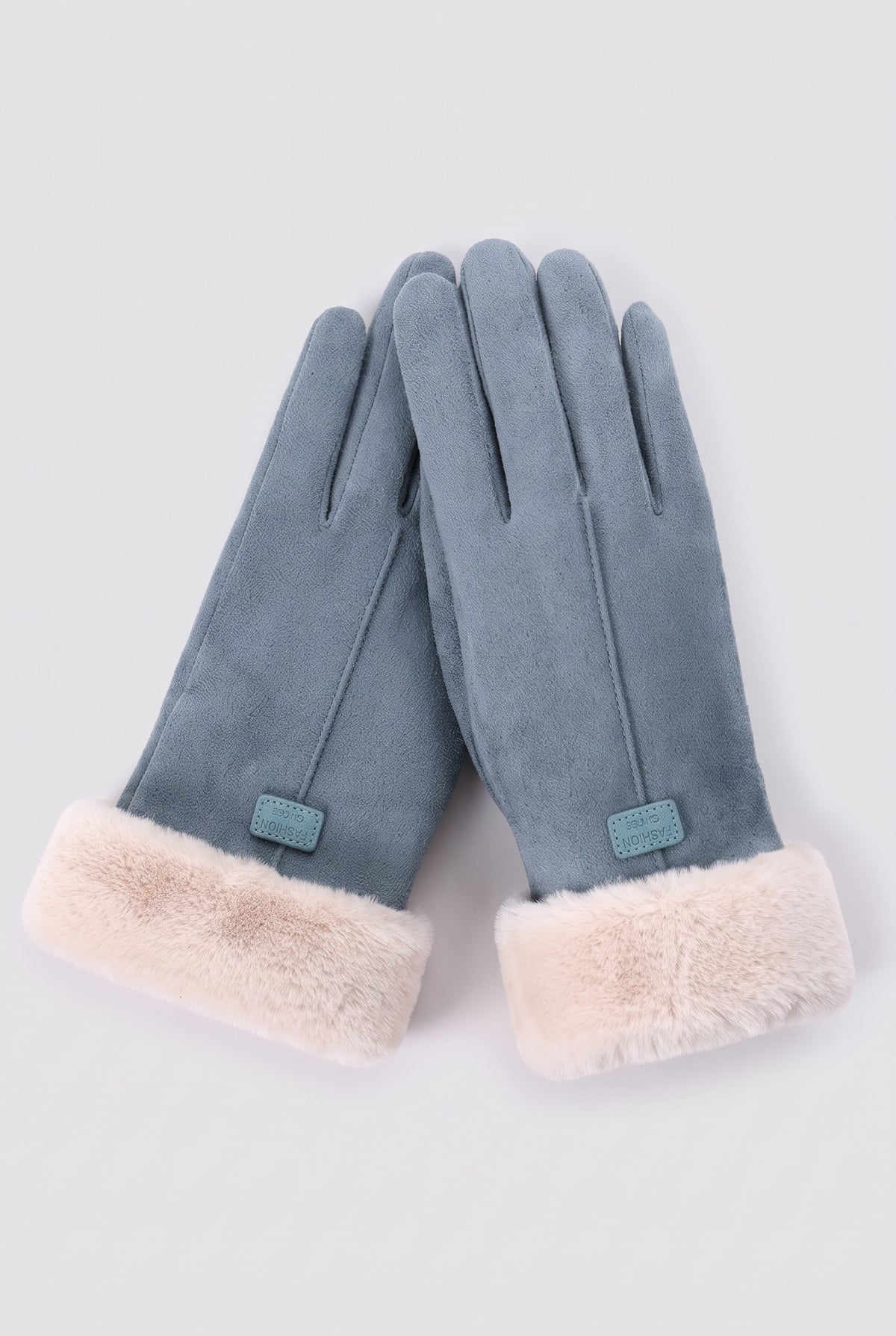 Suede-Like Gloves with Faux Fur Cuffs in Blue — studio front