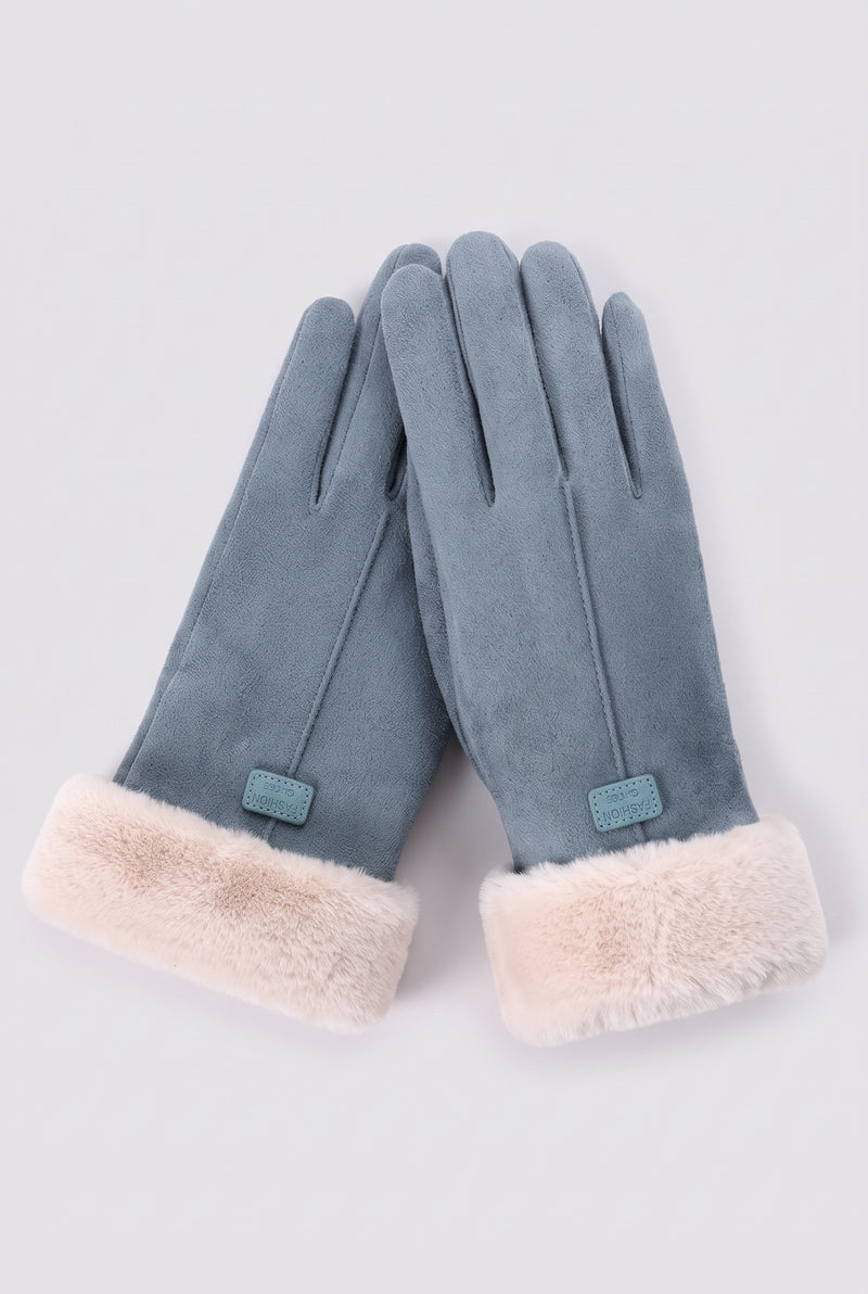Suede-Like Gloves with Faux Fur Cuffs in Blue — studio front