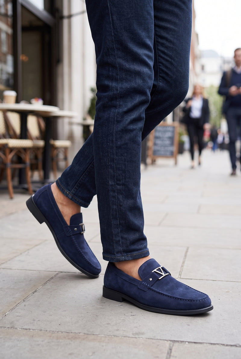 Suede Slip-On Loafers in Blue — lifestyle