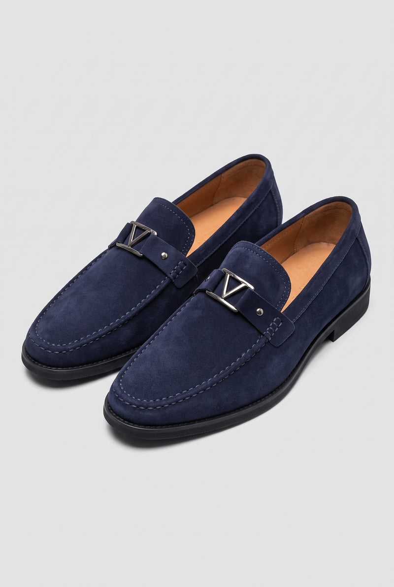 Suede Slip-On Loafers in Blue — studio front