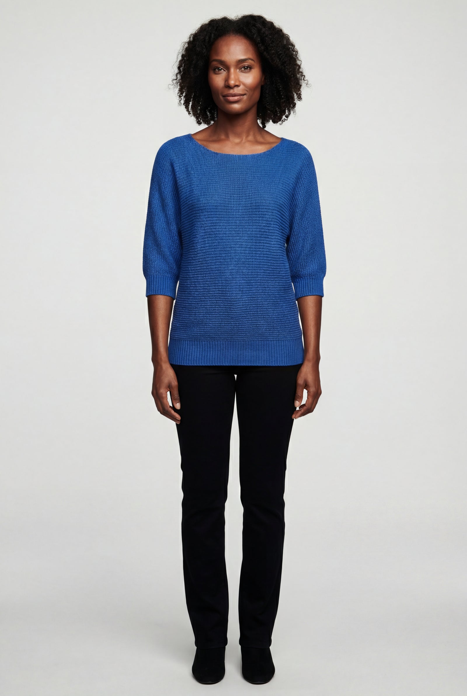 Blue Textured Relaxed Fit 3/4 Sleeve Knitted Sweater - Photo 1