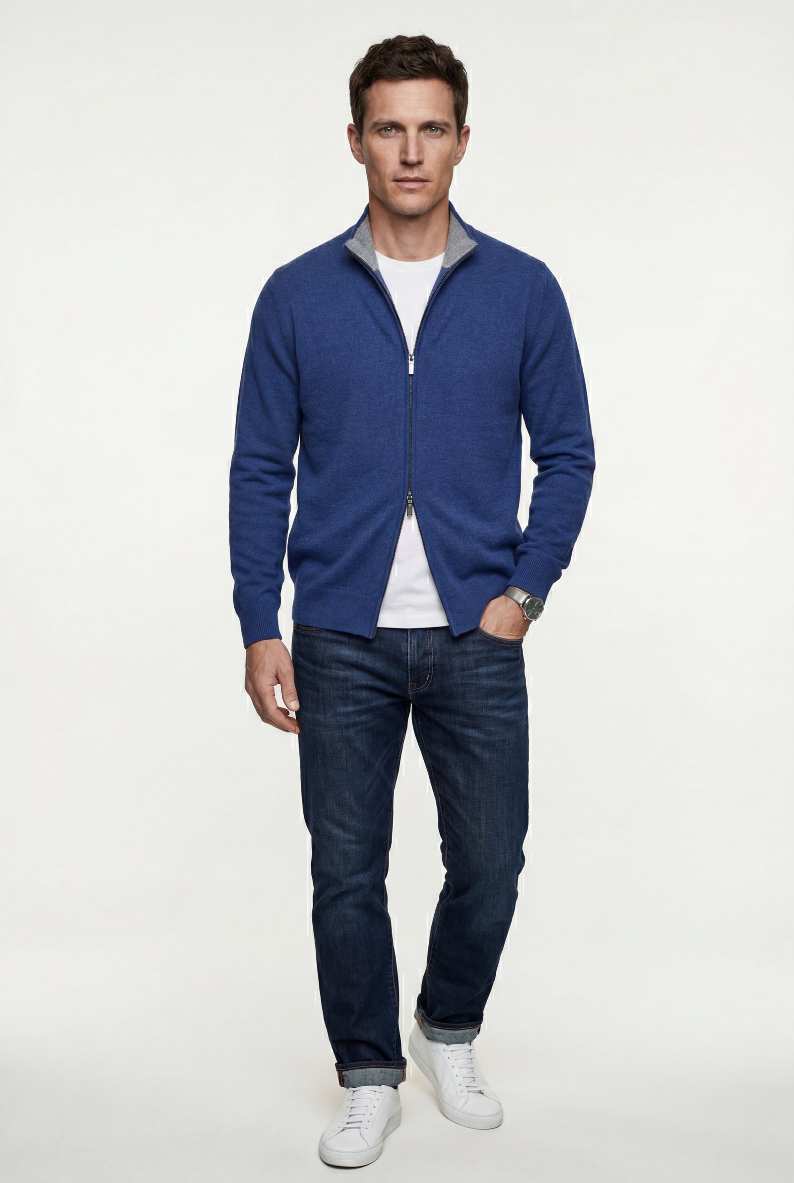 Blue Textured Stand Collar Full Zip Knitted Cardigan - Photo 16