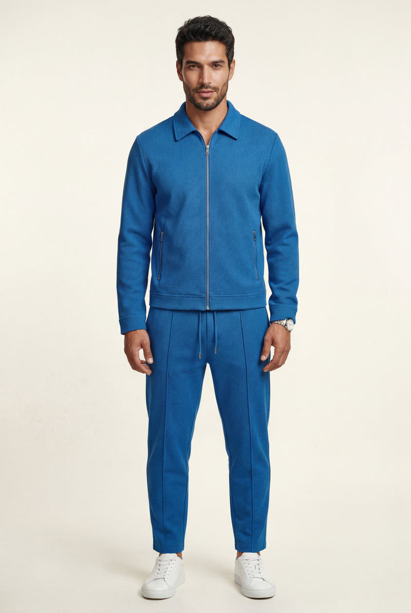 Blue Textured Zip-up Jacket and Jogger Set with Ribbed Detail - Two piece set - Photo 4