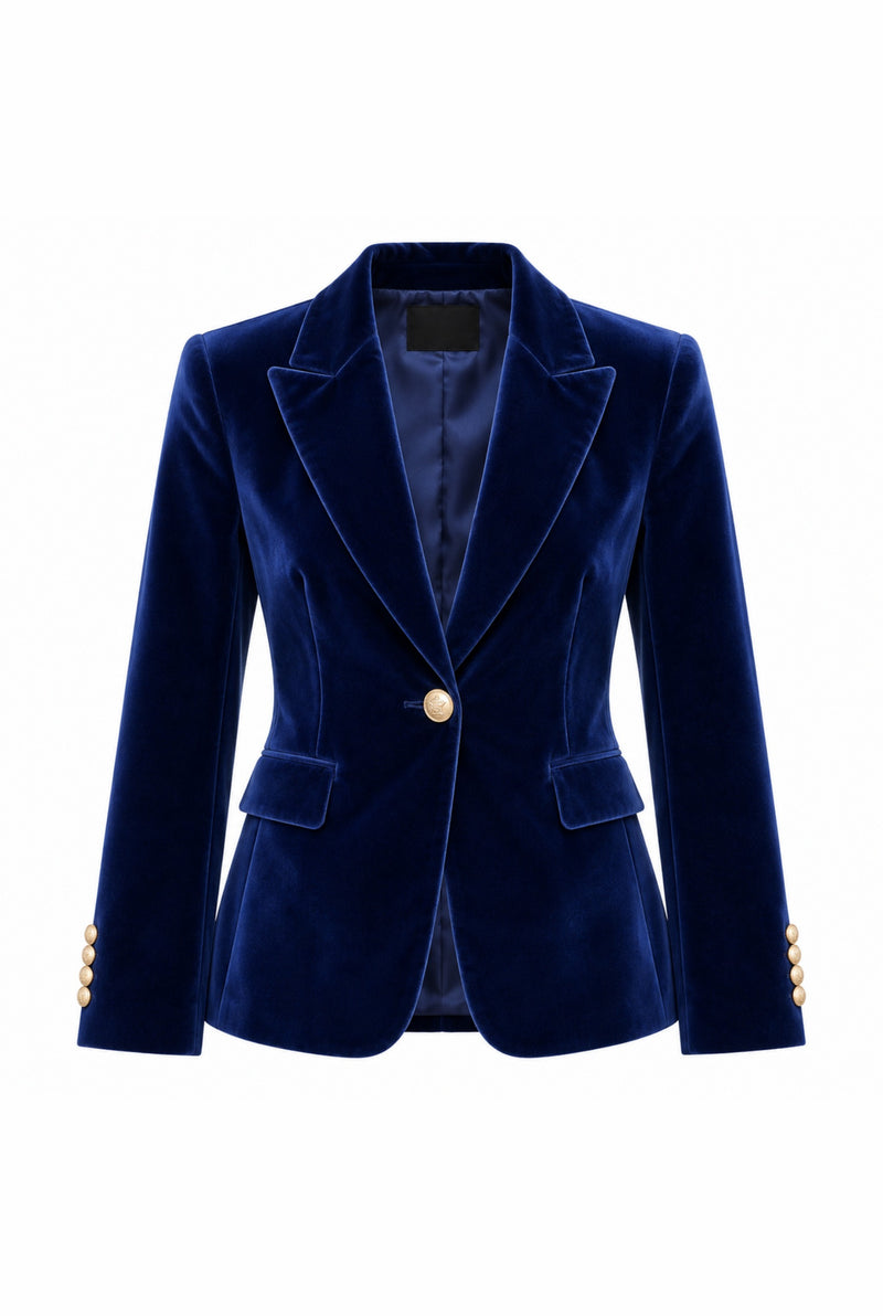 Velvet Blazer with Notch Lapels in Blue — front view