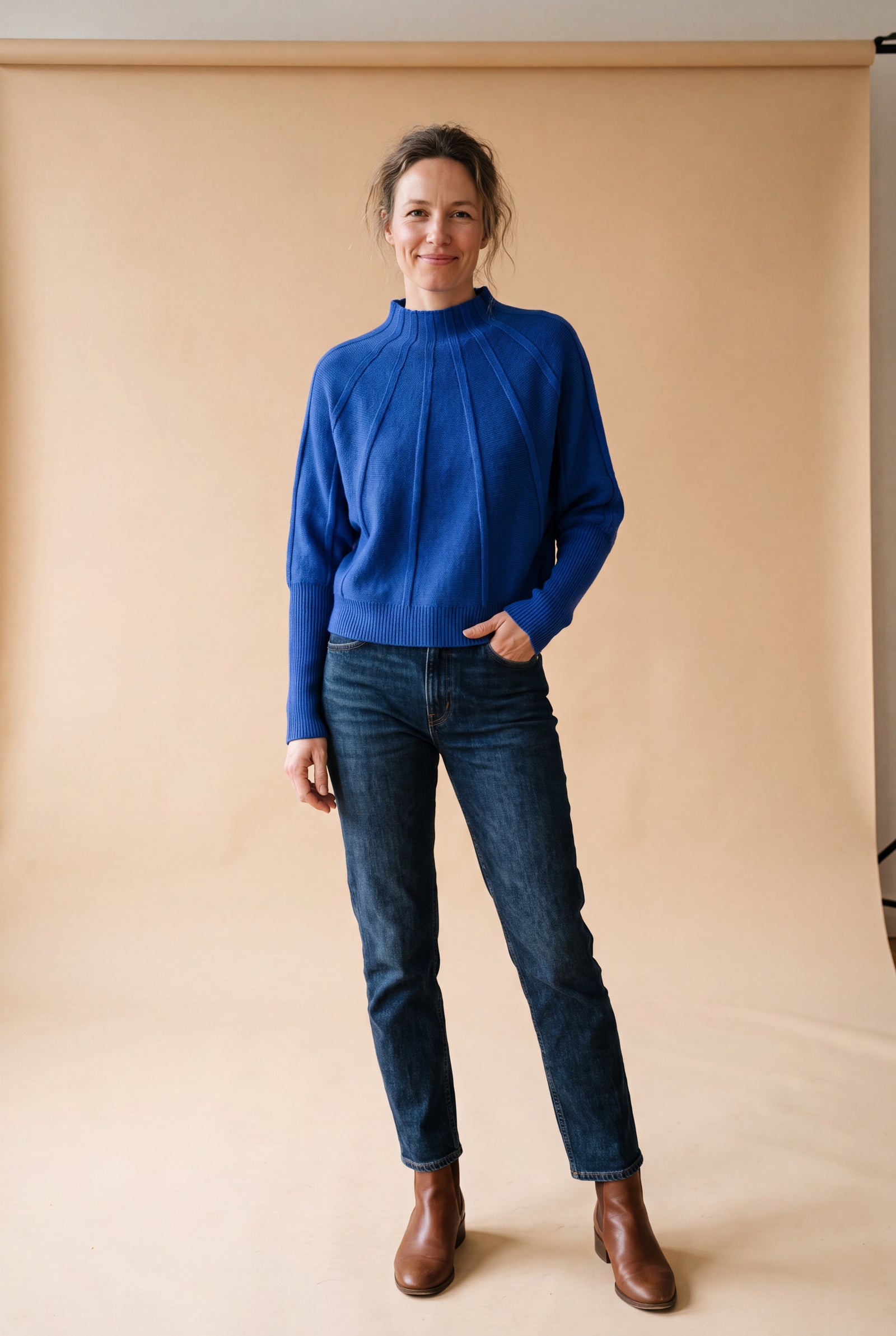 Women's Sweater Mock Neck Batwing Sleeves in Blue — primary studio