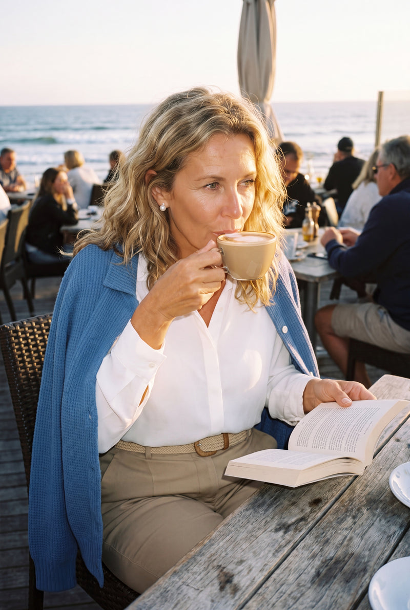 Women's Cardigan Longline Button-Front in Blue — lifestyle coastal cafe