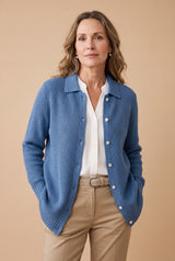 Women's Cardigan Longline Button-Front in Blue — studio full body