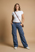 Women's Cargo Trousers Wide Leg in Blue — studio shot