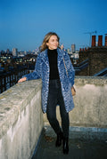 Women's Coat Leopard Print Slim Fit in Blue — rooftop evening