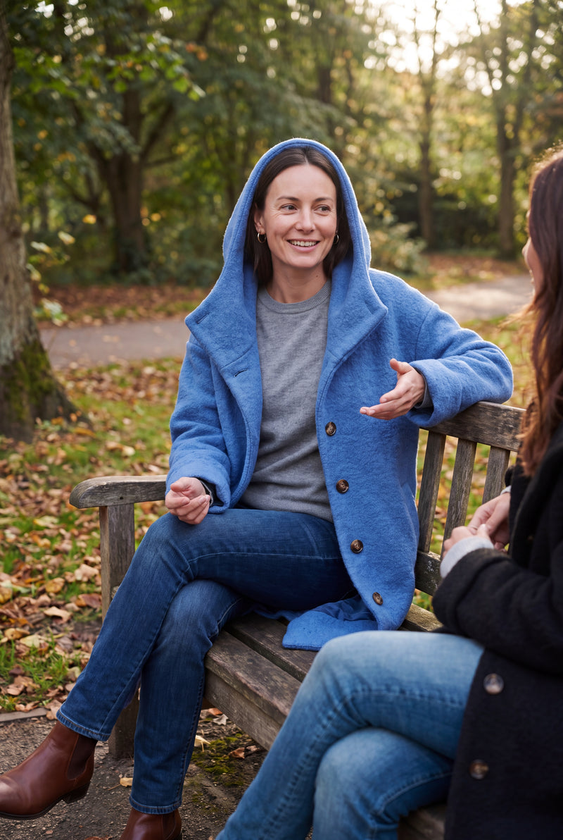 Women's Hooded Coat Relaxed Fit in Blue — lifestyle candid
