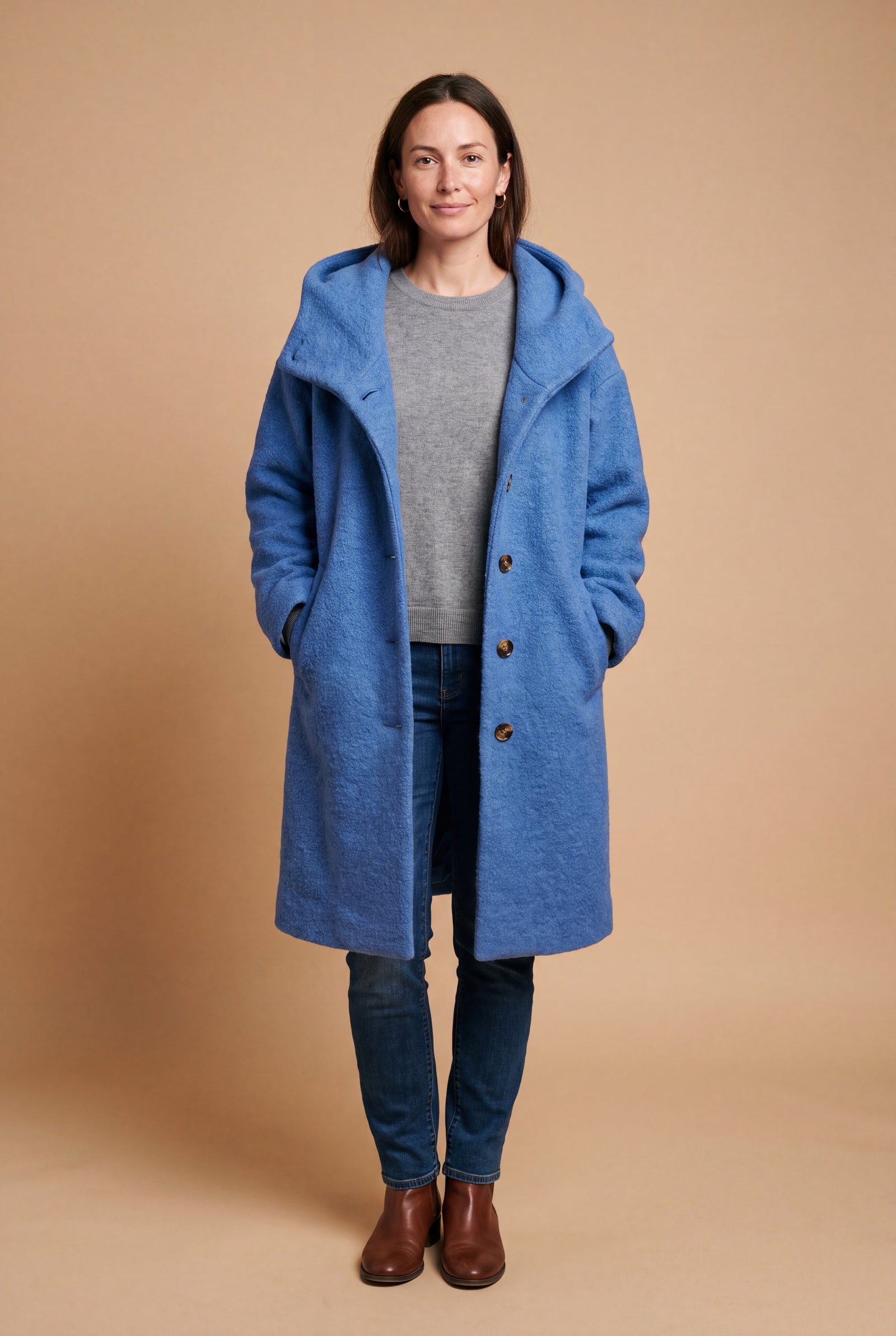 Women's Hooded Coat Relaxed Fit in Blue — studio full body