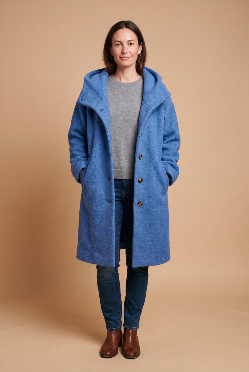 Women's Hooded Coat Relaxed Fit in Blue — studio full body