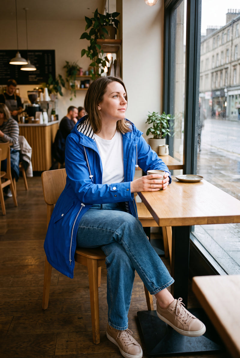 Women's Hooded Jacket Relaxed Fit in Blue — cafe window