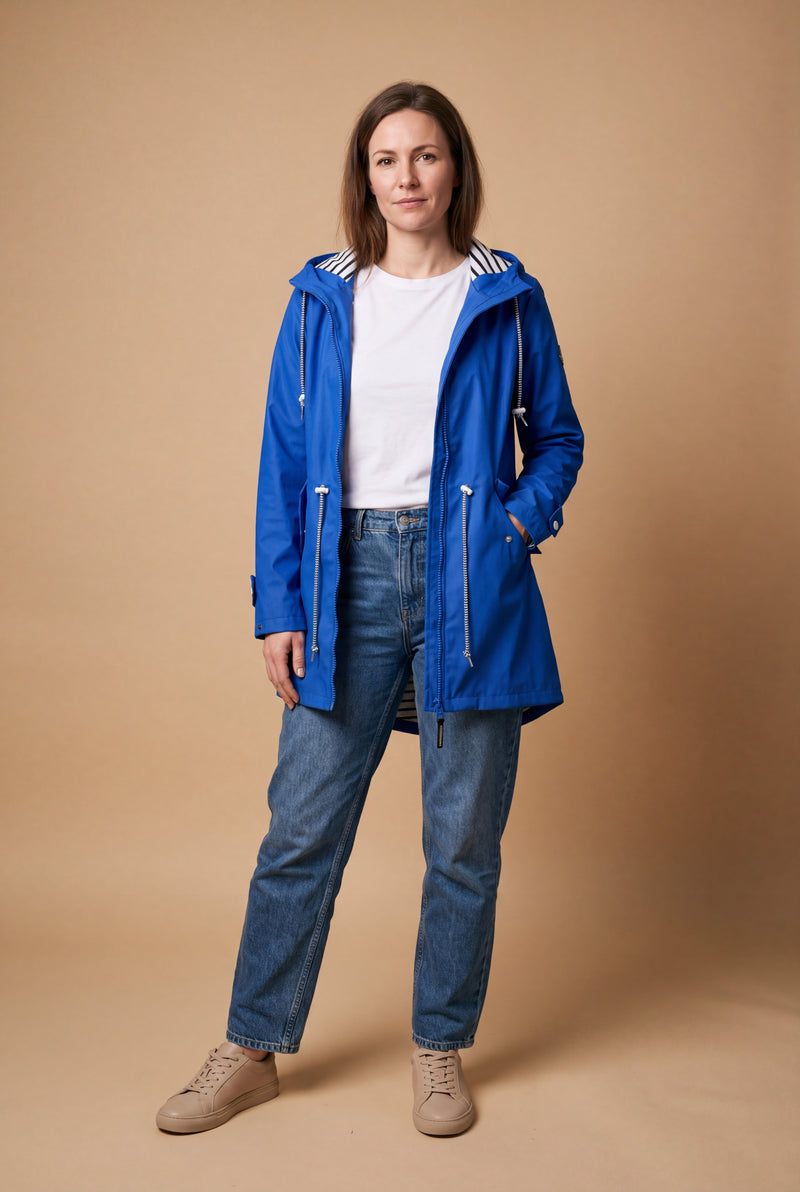 Women's Hooded Jacket Relaxed Fit in Blue — studio front