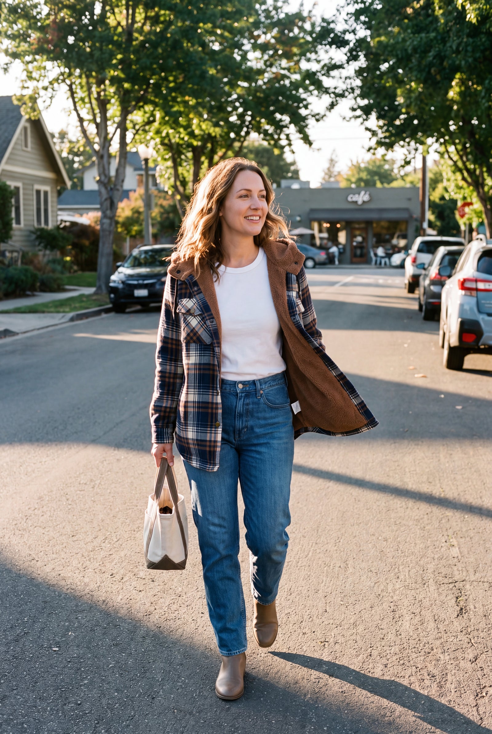 Women's Hooded Plaid Jacket in Blue — lifestyle 1
