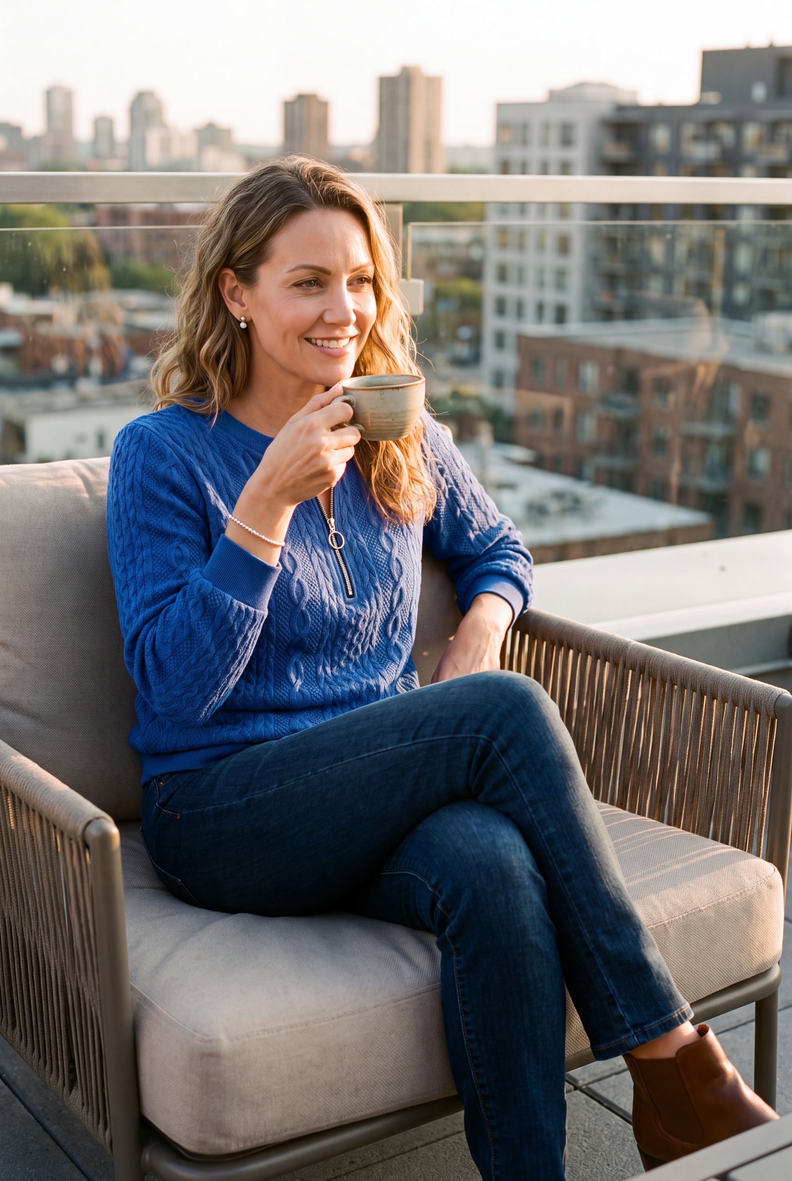 Women's Jumper Half-Zip Fitted Cable Knit in Blue — secondary lifestyle