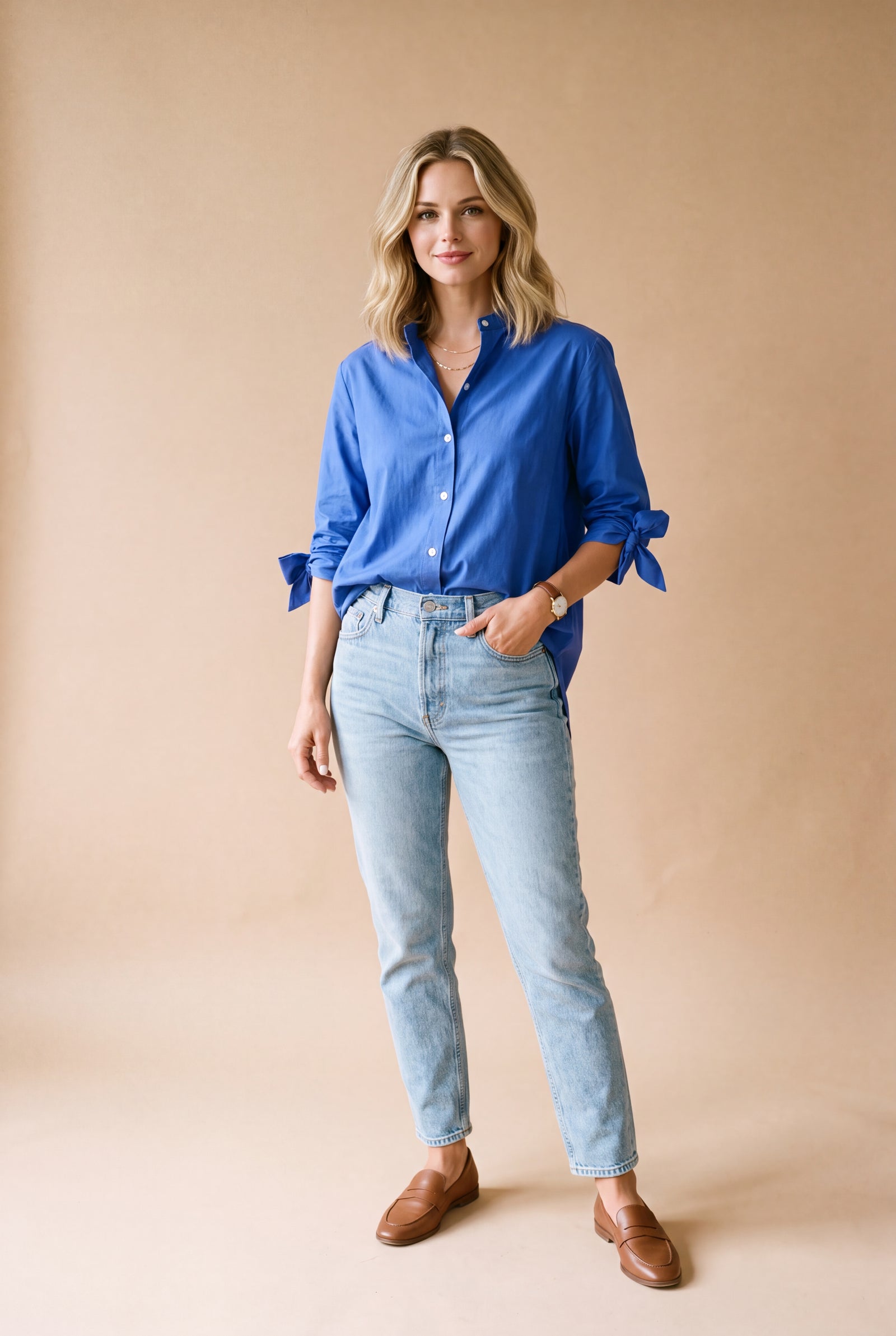 Women's Oversized Button-Up Shirt in Blue — studio full body