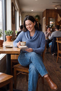 Women's Pullover Shawl Collar Waffle Knit in Blue — lifestyle candid cafe