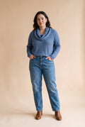 Women's Pullover Shawl Collar Waffle Knit in Blue — studio fullbody