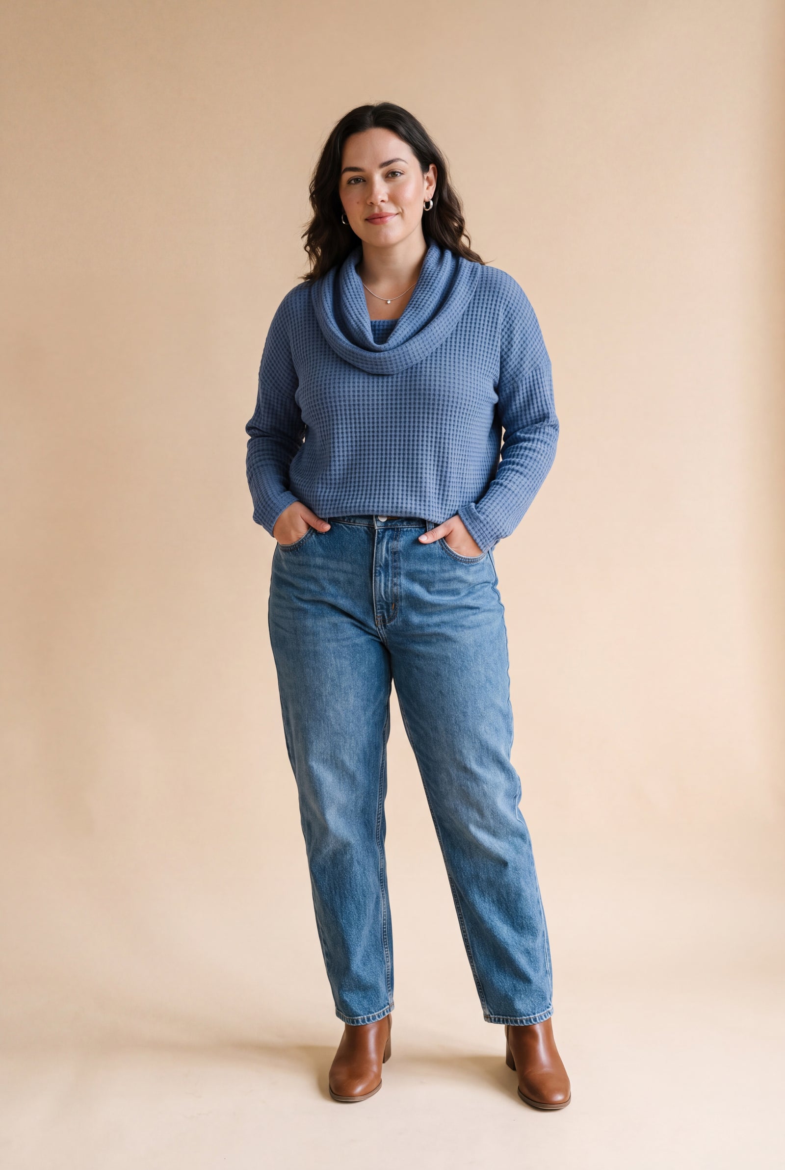 Women's Pullover Shawl Collar Waffle Knit in Blue — studio fullbody