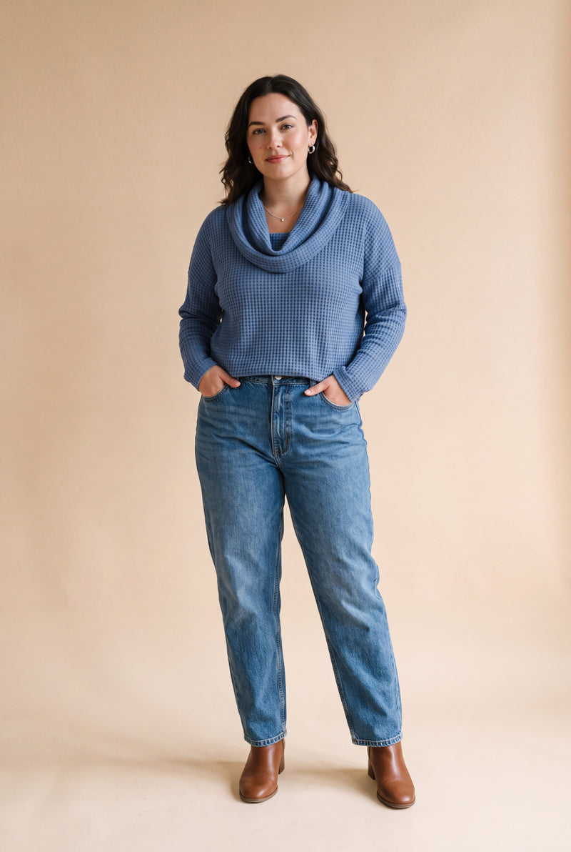 Women's Pullover Shawl Collar Waffle Knit in Blue — studio fullbody