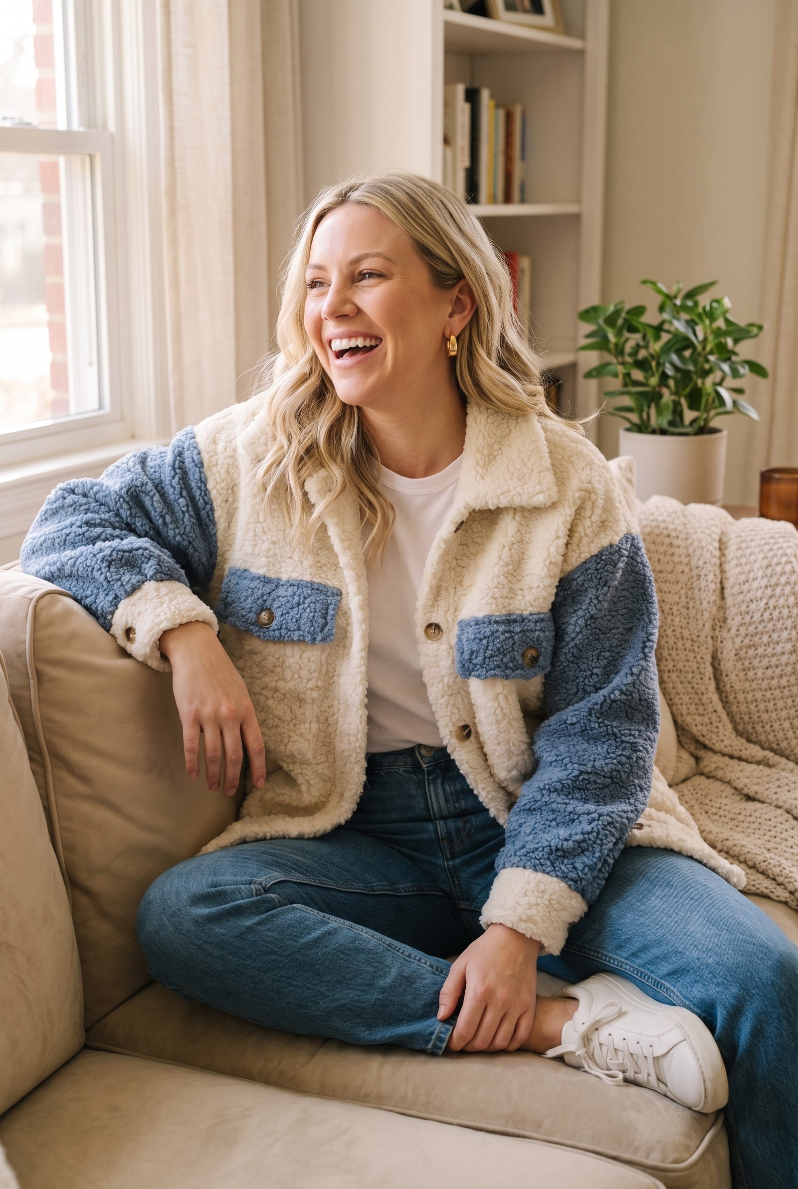 Women's Sherpa Jacket Relaxed Fit in Blue — home interior